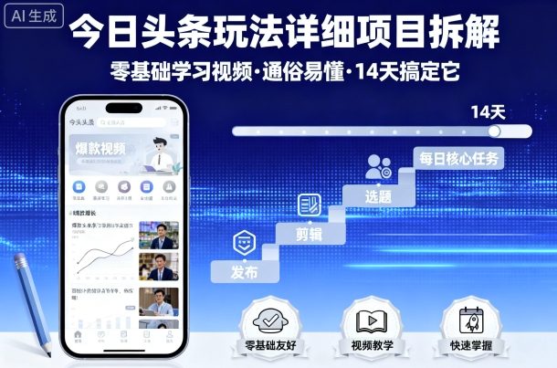今日头条玩法详细项目拆解，零基础学习视频 通俗易懂 14天搞定它-副业宝典