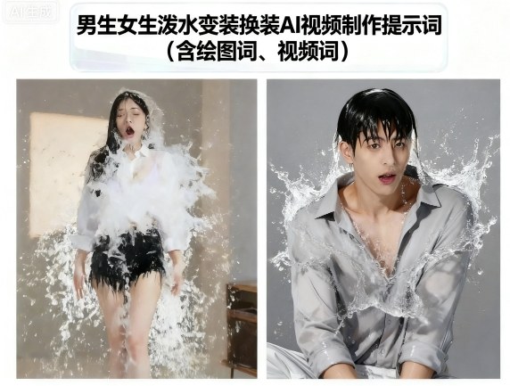 男生女生泼水变装换装AI视频制作提示词(含绘图词、视频词)-副业宝典