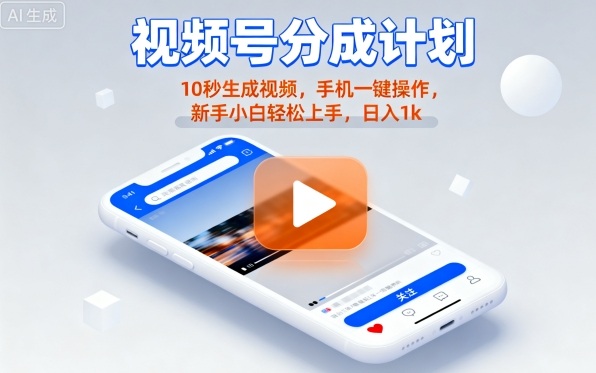 视频号分成计划懒人玩法，10秒生成视频，手机一键操作，新手小白轻松上手，日入1K【揭秘】-副业宝典