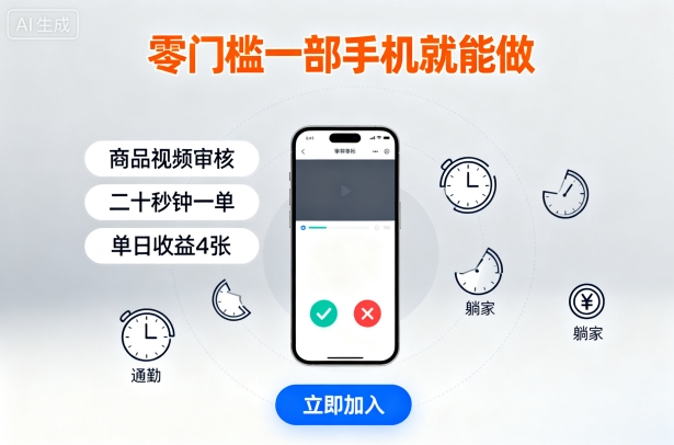 零门槛一部手机就能做，商品视频审核，通勤躺家碎片时间都能做，二十秒钟一单，单日收益4张【揭秘】-副业宝典