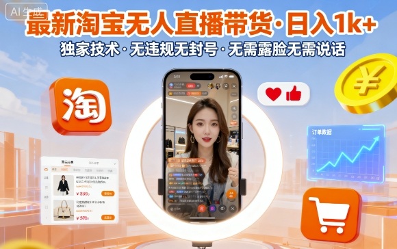 最新淘宝无人直播带货，日入1k+，独家技术，无违规无封号，无需露脸无需说话【揭秘】-副业宝典
