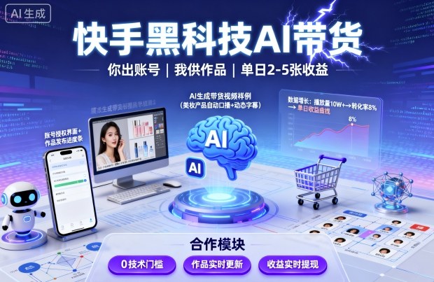 快手黑科技AI带货，你提供账号，我提供作品并发布，单日2-5张【揭秘】-副业宝典