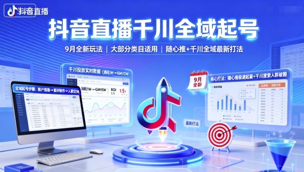 抖音直播千川全域起号，9月全新玩法，大部分类目适用，随心推以及千川全域最新打法-副业宝典
