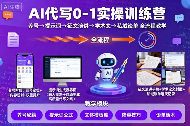 AI代写0-1实操训练营，从养号、提示词、征文演讲、学术文，到私域谈单的全流程教学-副业宝典