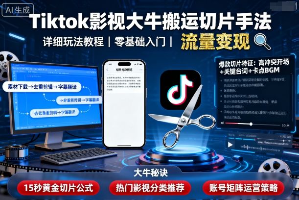 Tiktok影视大牛搬运切片手法，详细玩法教程-副业宝典