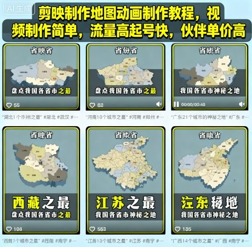 剪映制作地图动画制作教程，视频制作简单，流量高起号快，伙伴单价高-副业宝典