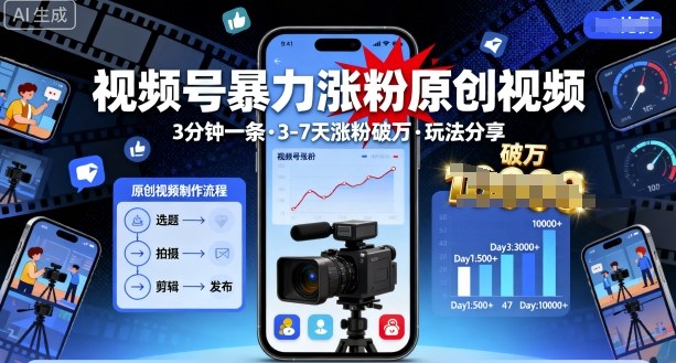 视频号暴力涨粉原创视频，3分钟一条原创视频，3-7天涨粉破万，玩法分享给你-副业宝典
