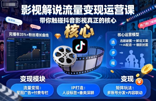 影视解说流量变现运营课，带你触碰抖音影视真正的核心-副业宝典