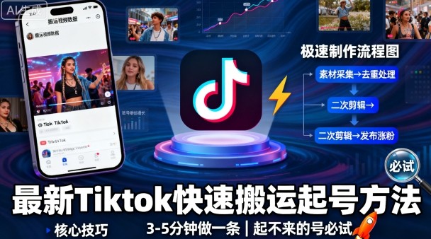 最新Tiktok快速搬运快速起号方法，3-5分钟做一条，起不来的号可以试试-副业宝典