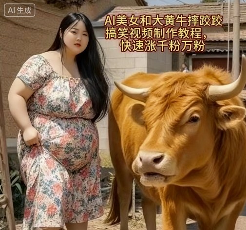 AI美女和大黄牛摔跤搞笑荒诞视频制作教程，快速涨千粉万粉-副业宝典