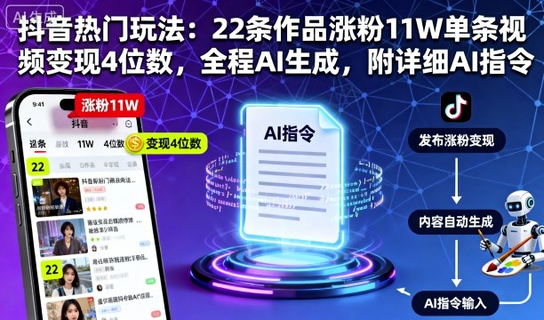 抖音热门玩法：22条作品涨粉11W单条视频变现4位数，全程AI生成，附详细AI指令-副业宝典