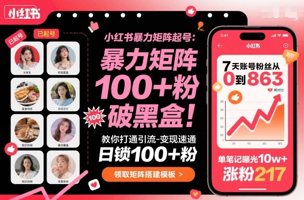 小红书暴力矩阵起号，教你打通引流-变现速通，日锁100+粉，破流量黑盒-副业宝典