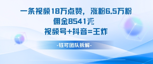 一条视频18W点赞，涨粉6.5W粉佣金8541米，视频号+抖音=王炸-副业宝典