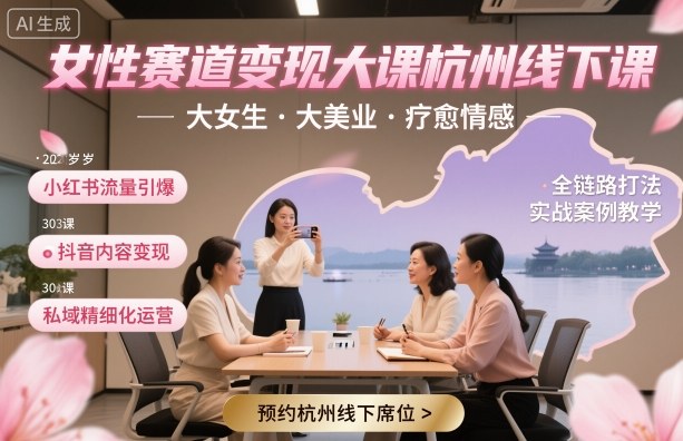 女性赛道变现大课杭州线下，大女生，大美业，疗愈情感，一套小红书、抖音、私域全链路打法-副业宝典