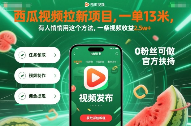 西瓜视频拉新项目，一单13米，有人悄悄用这个方法，一条视频收益2.5w+(附详细教程)-副业宝典