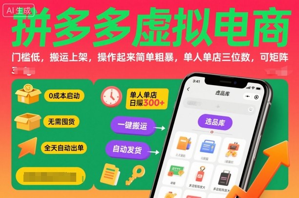 拼多多虚拟电商，门槛低，搬运上架，操作起来简单粗暴，单人单店三位数，可矩阵-副业宝典