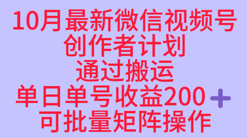 10月最新视频号收益最大化赛道长久稳定红利项目，单日单号收益2张+可批量矩阵操作-副业宝典