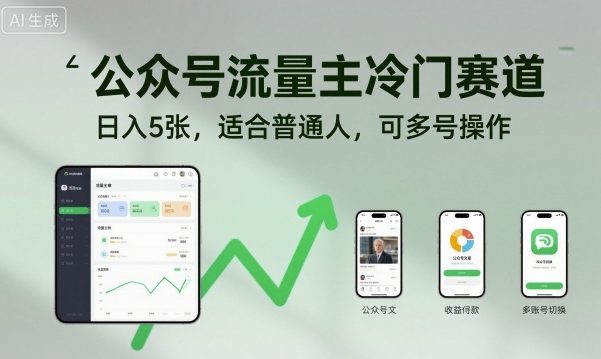 公众号流量主冷门赛道，日入5张，适合普通人，可多号操作-副业宝典