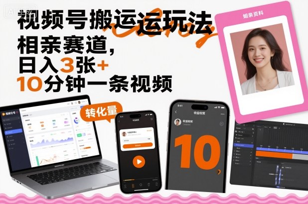 视频号搬运玩法，相亲赛道，日入3张+，10分钟一条视频-副业宝典
