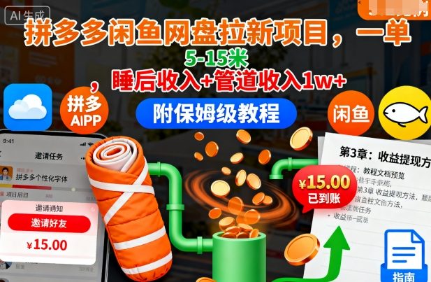 拼多多闲鱼网盘拉新项目，一单5-15米，睡后收入+管道收入1w+(附保姆级教程)-副业宝典