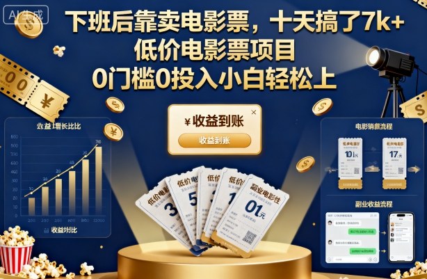 下班后靠卖电影票，十天搞了7k+，低价电影票项目，0门槛0投入小白轻松上手【揭秘】-副业宝典