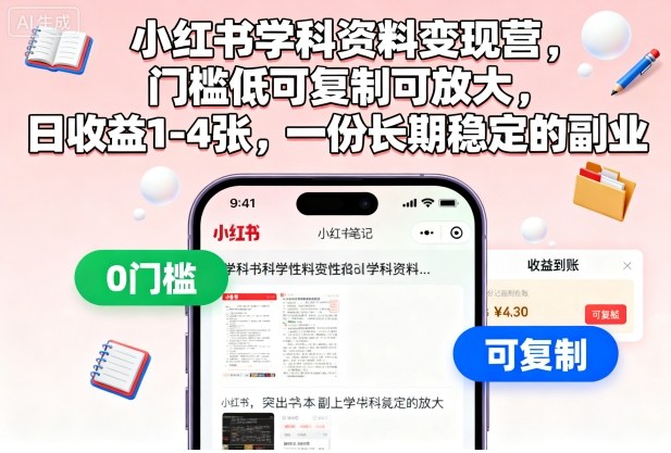 小红书学科资料变现营，门槛低可复制可放大，日收益1-4张，一份长期稳定的副业-副业宝典