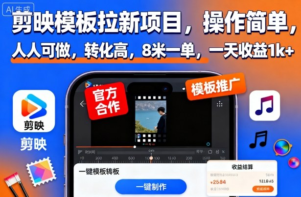 剪映模板拉新项目，操作简单，人人可做，转化高，8米一单，一天收益1k+-副业宝典