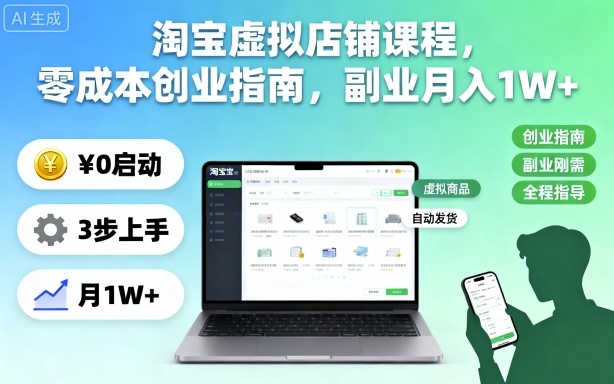 淘宝虚拟店铺课程，零成本创业指南，副业月入1W+-副业宝典