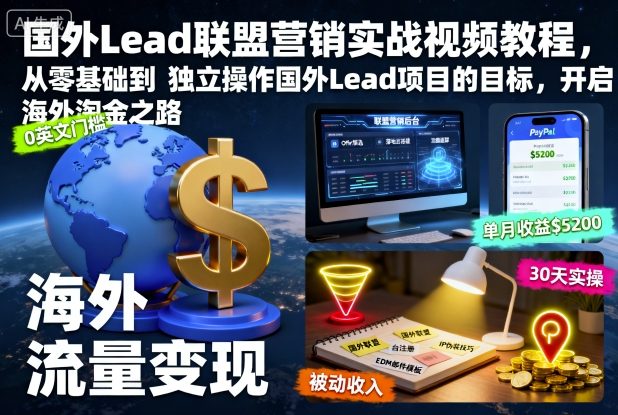 国外Lead联盟营销实战视频教程，从零基础到独立操作国外Lead项目的目标，开启海外淘金之路-副业宝典
