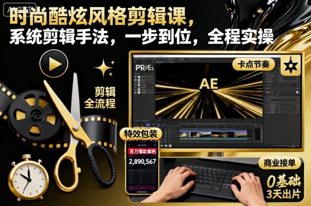 时尚酷炫风格剪辑课，系统剪辑手法，一步到位，全程实操-副业宝典