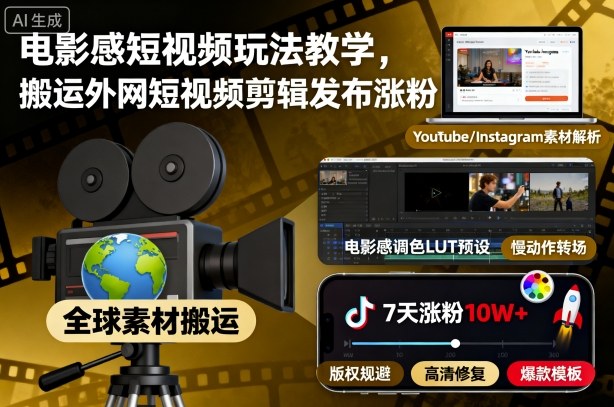 电影感短视频玩法教学，搬运外网短视频剪辑发布涨粉-副业宝典