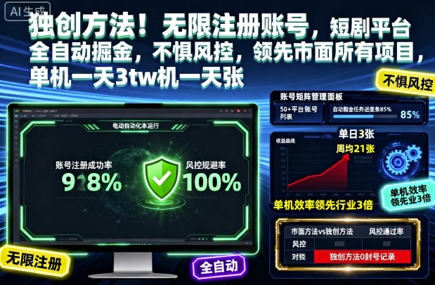 独创方法！无限注册账号，短剧平台全自动掘金，不惧风控，领先市面所有项目，单机一天3张【揭秘】-副业宝典