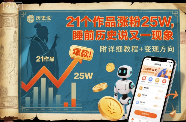 21个作品涨粉25W，睡前历史说又一现象级AI内容大爆款来啦，附详细教程+变现方向-副业宝典