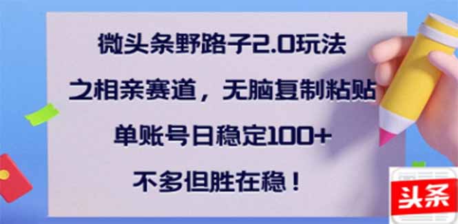微头条野路子2.0玩法之相亲赛道，无脑搬砖复制粘贴，单账号日稳定300+…-副业宝典