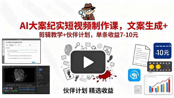AI大案纪实短视频制作课，文案生成+剪辑教学+伙伴计划，单条收益7-10元-副业宝典