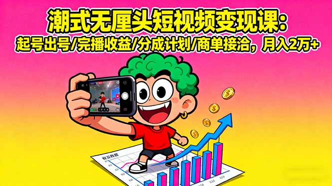 潮式无厘头短视频变现课：起号出号/完播收益/分成计划/商单接洽，月入2万+-副业宝典