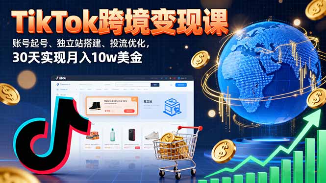 TikTok跨境变现课：账号起号、独立站搭建、投流优化，30天实现月入10w美金-副业宝典