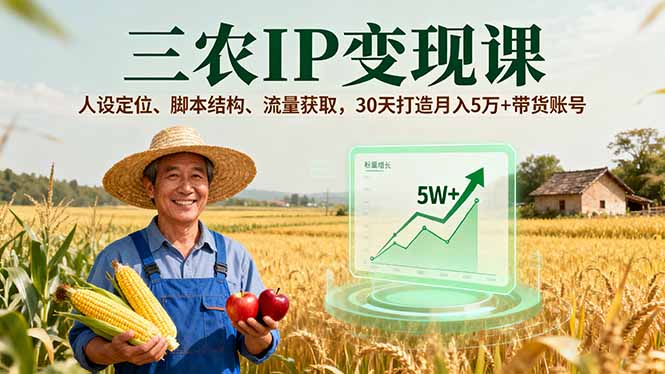 三农IP变现课，人设定位、脚本结构、流量获取，30天打造月入5万+带货账号-副业宝典
