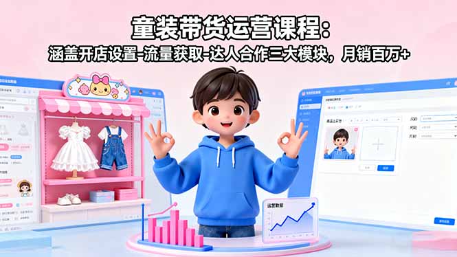 童装带货运营课程：涵盖开店设置-流量获取-达人合作三大模块，月销百万+-副业宝典