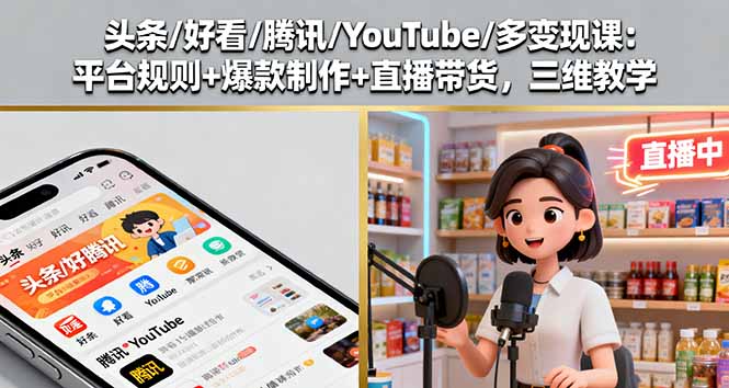 头条/好看/腾讯/YouTube/多变现课：平台规则+爆款制作+直播带货，三维教学-副业宝典