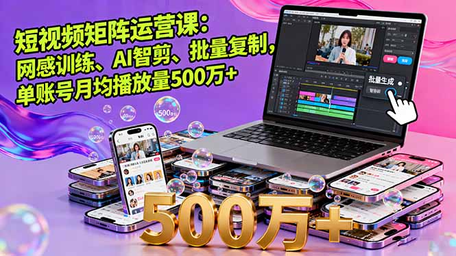 短视频矩阵运营课：网感训练、AI智剪、批量复制，单账号月均播放量500万+-副业宝典