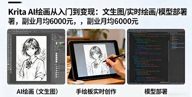 Krita AI绘画从入门到变现：文生图/实时绘画/模型部署，副业月均6000元-副业宝典