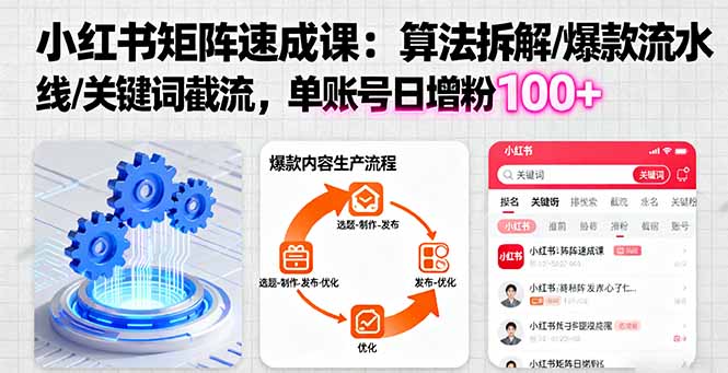 小红书矩阵起号速成课：算法拆解/爆款流水线/关键词截流 单账号日增粉100+-副业宝典
