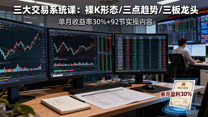 三大交易系统课：裸K形态/三点趋势/三板体系，单月收益率30%+92节实操内容-副业宝典
