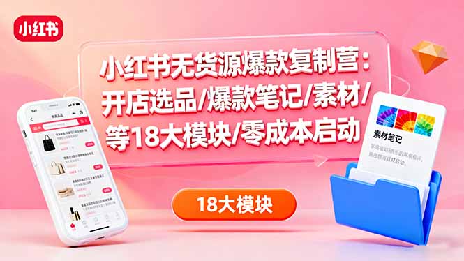 小红书无货源爆款复制营：开店选品/爆款笔记/素材/等18大模块/零成本启动-副业宝典