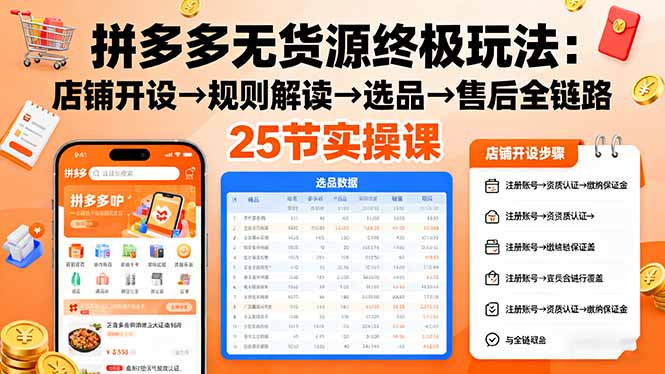 拼多多无货源终极玩法：店铺开设→规则解读→选品→售后全链路,25节实操课-副业宝典