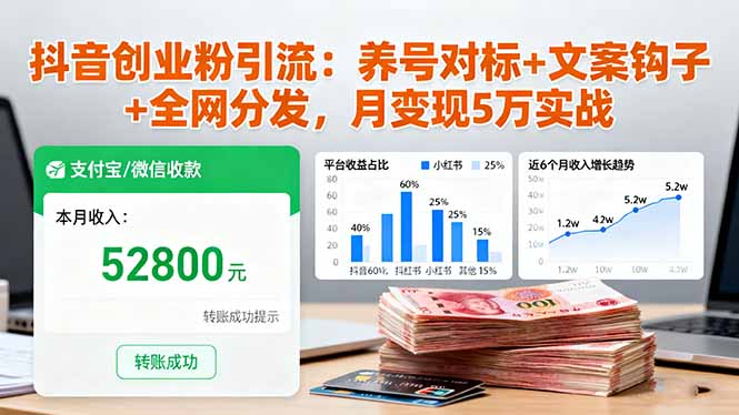 抖音创业粉引流：养号对标+文案钩子+全网分发，月变现5万实战-副业宝典