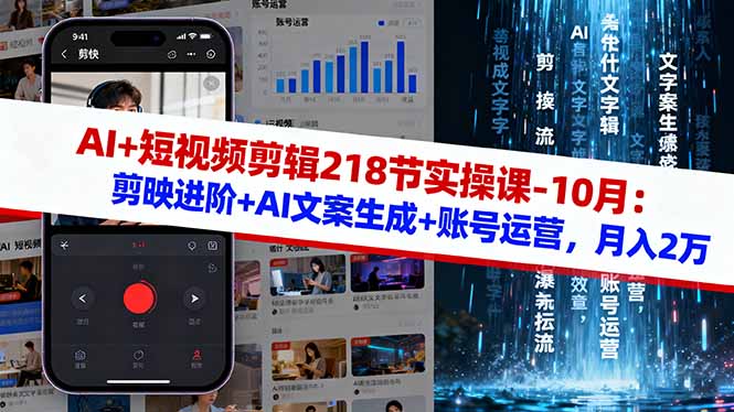 AI+短视频剪辑218节实操课-10月：剪映进阶+AI文案生成+账号运营，月入2万-副业宝典