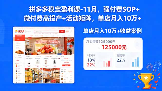 拼多多稳定盈利课-11月，强付费SOP+微付费高投产+活动矩阵，单店月入10万+-副业宝典