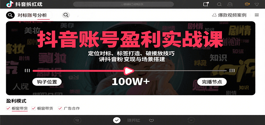 抖音账号盈利实战课，定位对标、标签打造、破播放技巧，讲涨粉变现与场景搭建-副业宝典